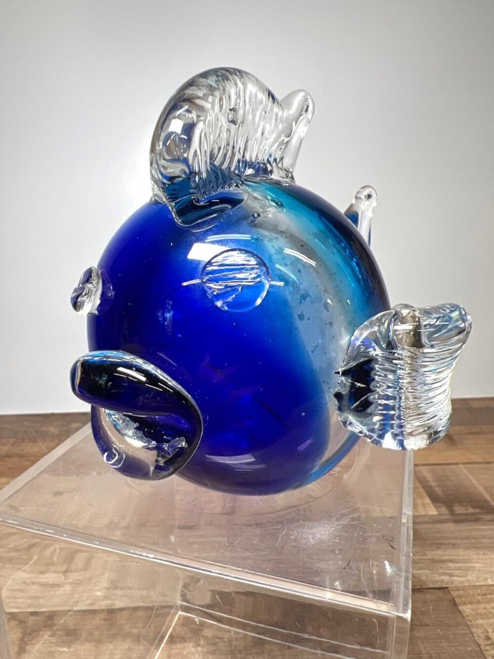 Blue & Clear Hand-Blown Glass Fish Figurine 5 Inches Decorative Art Sculpture